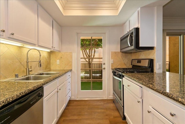 kitchen featuring hardwood / wood-style floors, a raised ceiling, sink, white cabinets, and stainless steel appliances