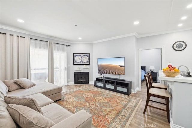 living room with ornamental molding and light wood-type flooring