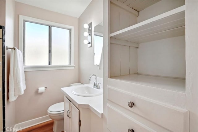 bathroom with hardwood / wood-style flooring, vanity, and toilet