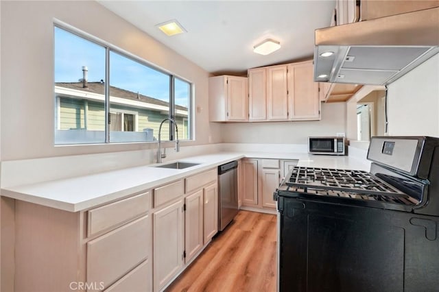 kitchen featuring stainless steel appliances, sink, exhaust hood, and light hardwood / wood-style flooring