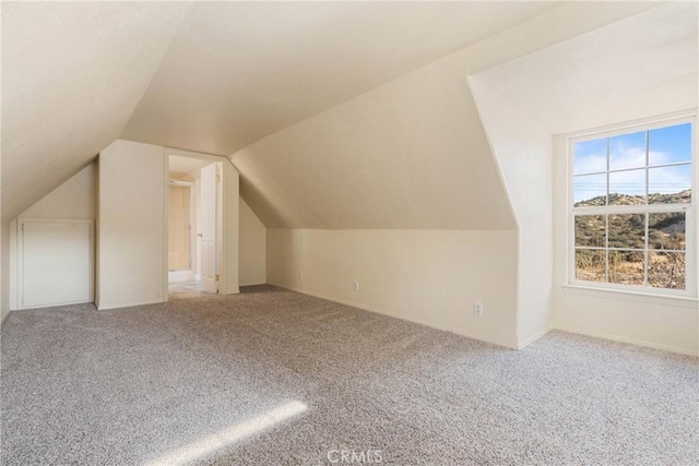 additional living space featuring vaulted ceiling and carpet