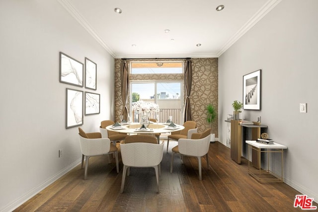 dining space featuring crown molding and dark hardwood / wood-style flooring