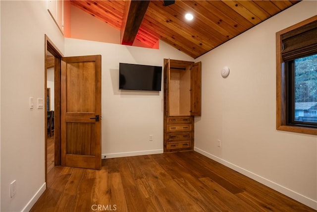 unfurnished bedroom featuring wood-type flooring, lofted ceiling with beams, and wooden ceiling