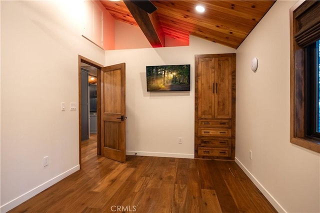 hall featuring vaulted ceiling, wooden ceiling, and dark hardwood / wood-style flooring