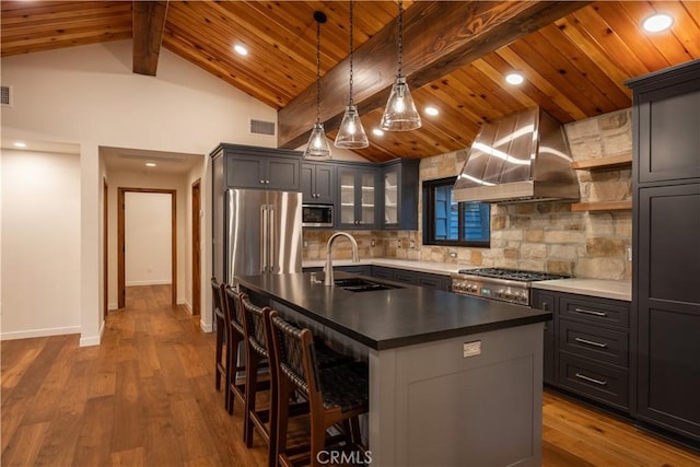 kitchen featuring tasteful backsplash, sink, a kitchen island with sink, stainless steel appliances, and wall chimney range hood