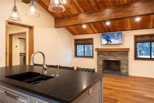 kitchen featuring sink, lofted ceiling with beams, hanging light fixtures, wooden ceiling, and a center island with sink