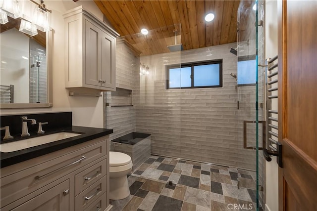 bathroom with a shower with door, vanity, wood ceiling, and toilet