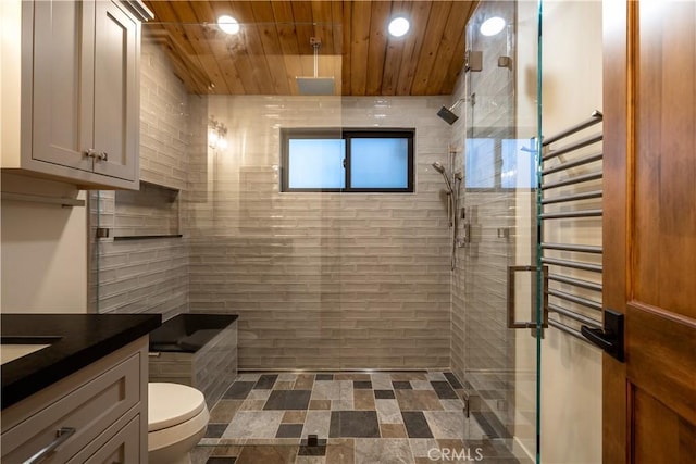 bathroom with vanity, toilet, wood ceiling, and walk in shower