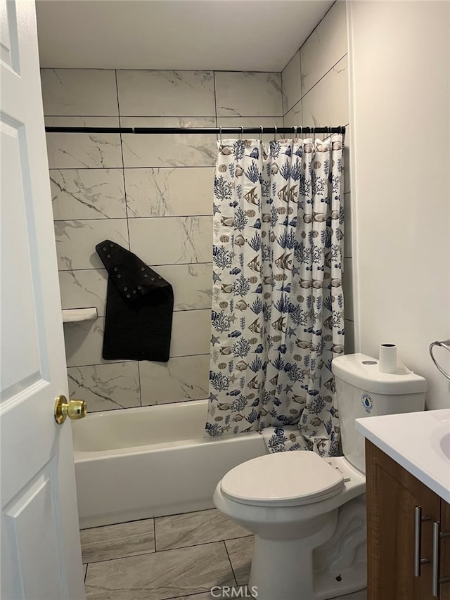 full bathroom with vanity, shower / bathtub combination with curtain, and toilet