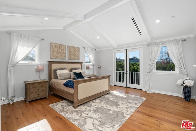 bedroom with hardwood / wood-style flooring, vaulted ceiling with beams, access to outside, and french doors