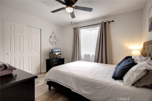 bedroom with hardwood / wood-style floors, ceiling fan, and a closet