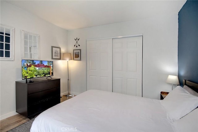 bedroom with wood-type flooring and a closet