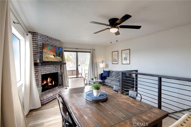 dining area with a fireplace, light hardwood / wood-style flooring, a textured ceiling, and ceiling fan