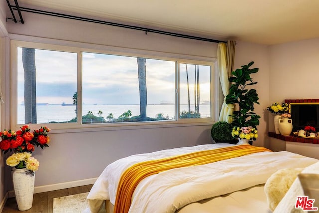 bedroom with a water view, hardwood / wood-style floors, and multiple windows