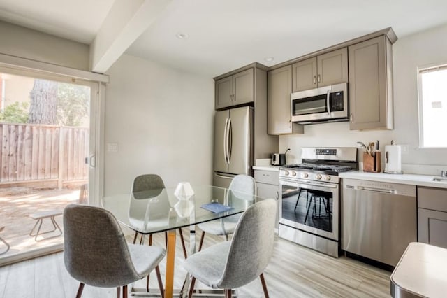 kitchen featuring appliances with stainless steel finishes, light wood-type flooring, gray cabinetry, and beam ceiling