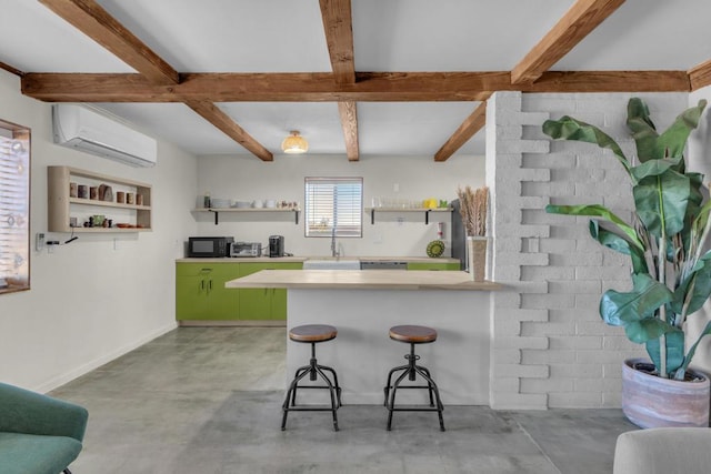 kitchen with a breakfast bar area, a wall mounted air conditioner, kitchen peninsula, green cabinets, and beam ceiling