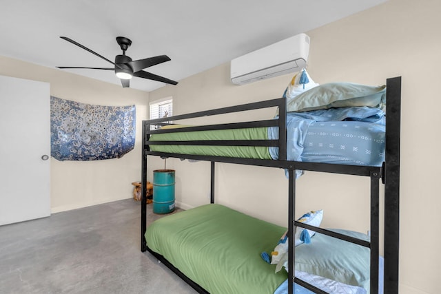 bedroom featuring ceiling fan, concrete flooring, and a wall mounted AC