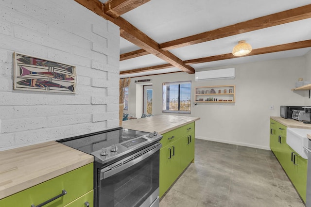 kitchen featuring beam ceiling, stainless steel appliances, a wall mounted AC, and green cabinets