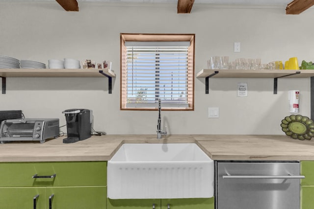 kitchen with sink, stainless steel dishwasher, and green cabinetry