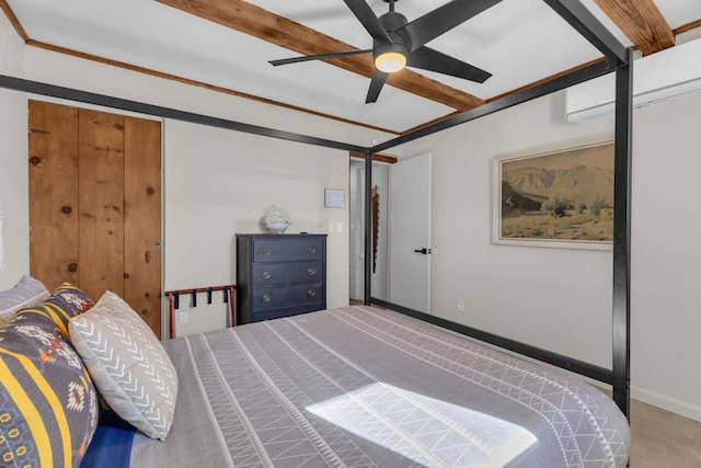 bedroom featuring carpet floors, ornamental molding, beamed ceiling, and ceiling fan