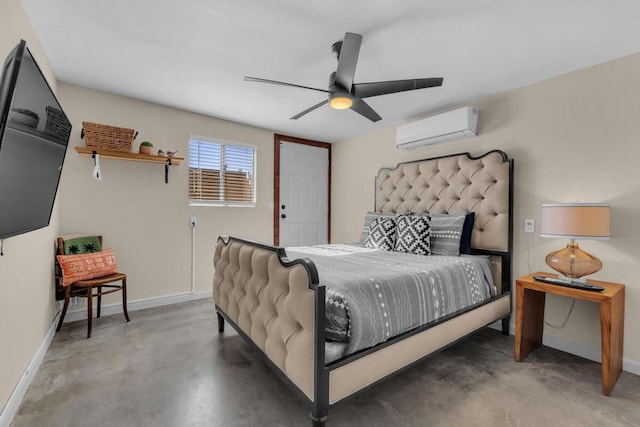 bedroom featuring a wall mounted air conditioner, concrete flooring, and ceiling fan