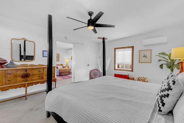 bedroom with ceiling fan and a wall unit AC