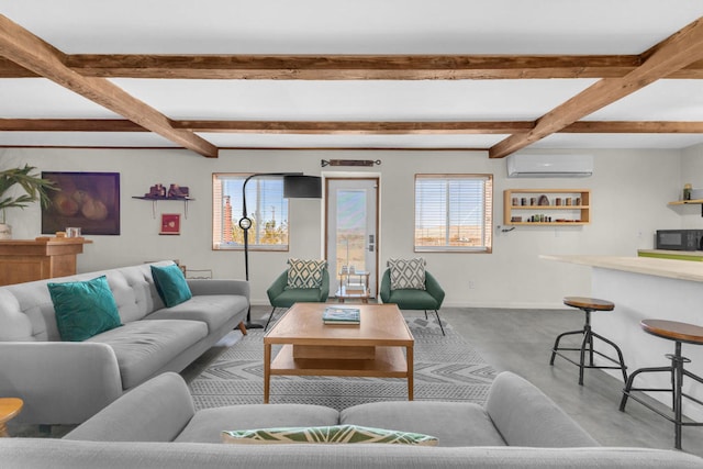 living room featuring beam ceiling and a wall unit AC