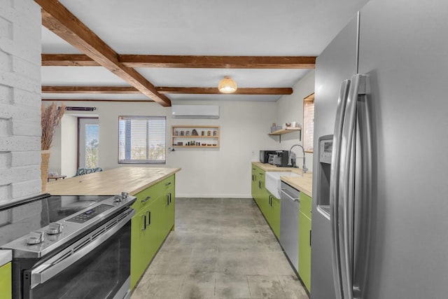 kitchen with sink, a wall mounted AC, green cabinets, stainless steel appliances, and beam ceiling