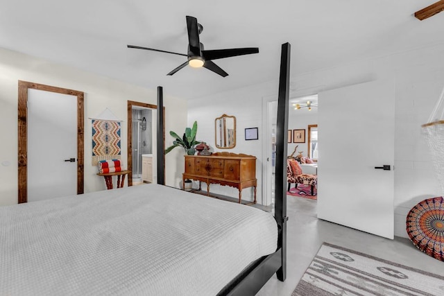 bedroom with concrete flooring and ceiling fan