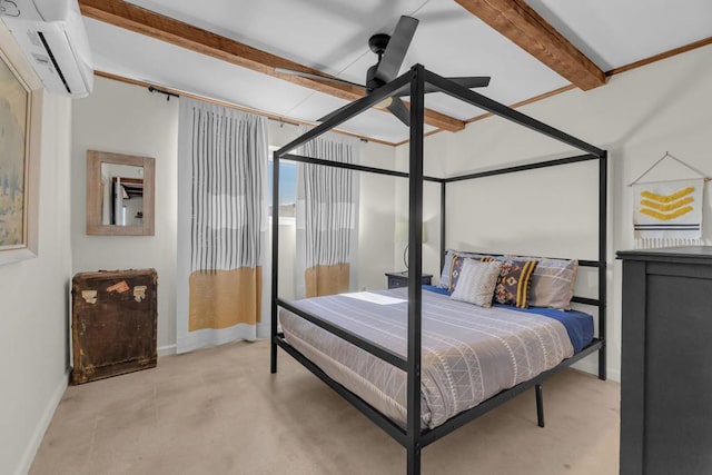 bedroom with beamed ceiling and an AC wall unit