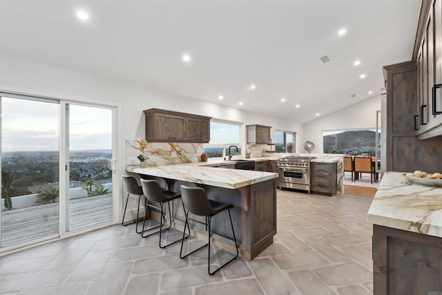 kitchen with sink, a breakfast bar, high end stainless steel range oven, vaulted ceiling, and kitchen peninsula