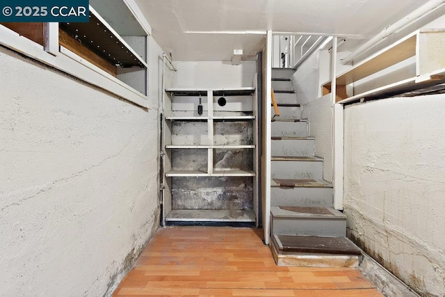 basement with hardwood / wood-style flooring