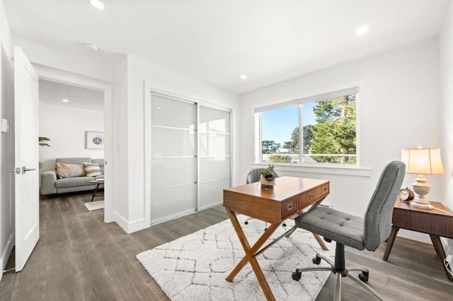 office area featuring dark wood-type flooring