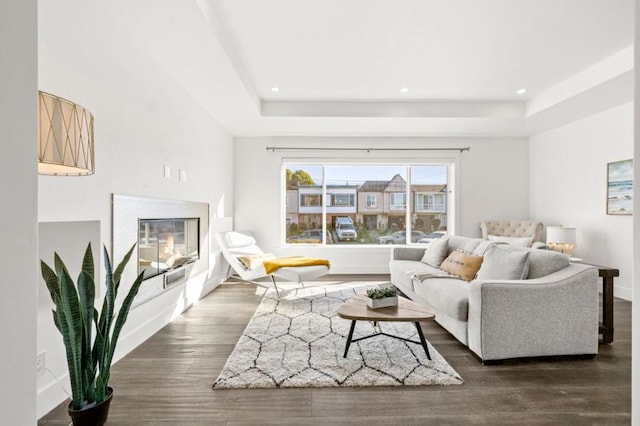 living room with a raised ceiling and dark hardwood / wood-style flooring