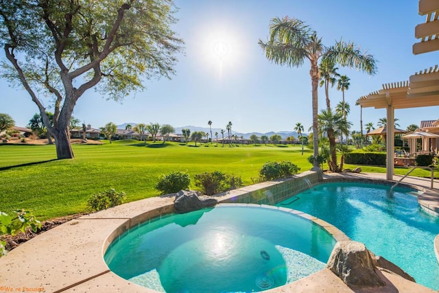 view of pool featuring a pergola and a lawn