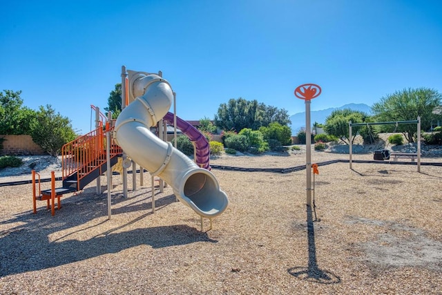 view of play area with a mountain view