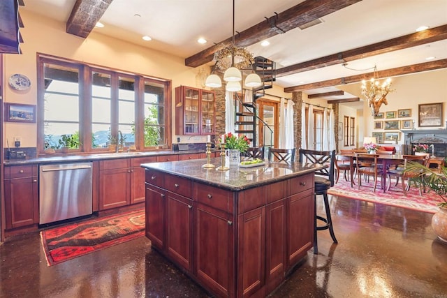 kitchen with sink, an inviting chandelier, stainless steel dishwasher, a kitchen island, and beam ceiling