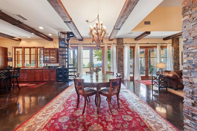 dining area featuring a notable chandelier, beam ceiling, and french doors