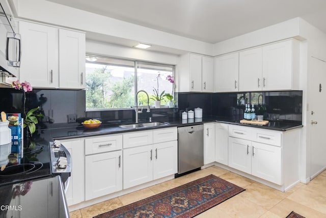 kitchen featuring appliances with stainless steel finishes, dark countertops, a sink, and decorative backsplash