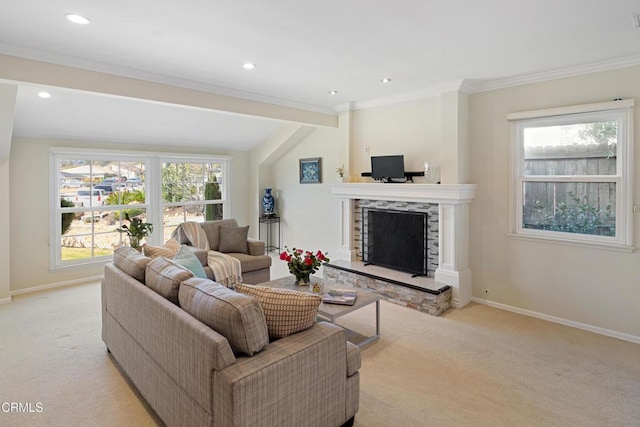 living room with light colored carpet, ornamental molding, a fireplace, and vaulted ceiling with beams