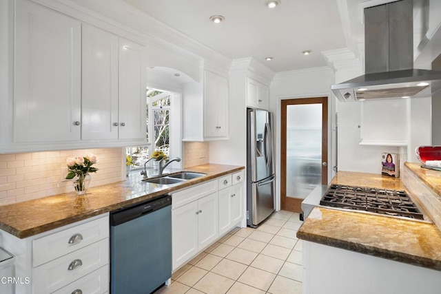 kitchen with white cabinetry, decorative backsplash, stainless steel appliances, and island exhaust hood