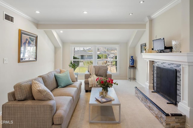 carpeted living room with beamed ceiling, crown molding, and a stone fireplace