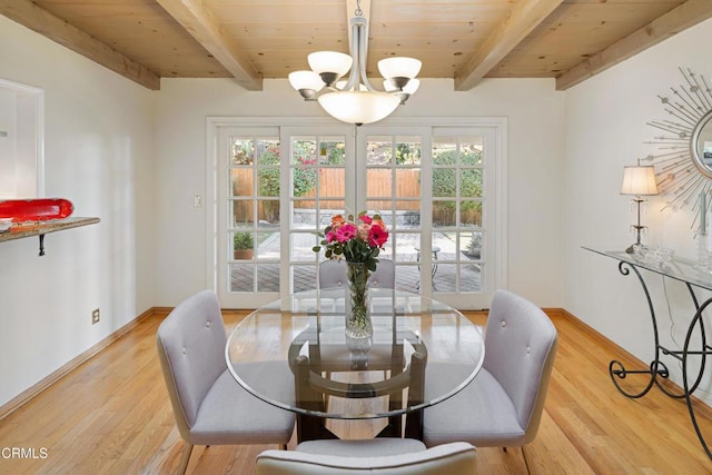 dining space featuring beamed ceiling, wood ceiling, light hardwood / wood-style floors, and a notable chandelier