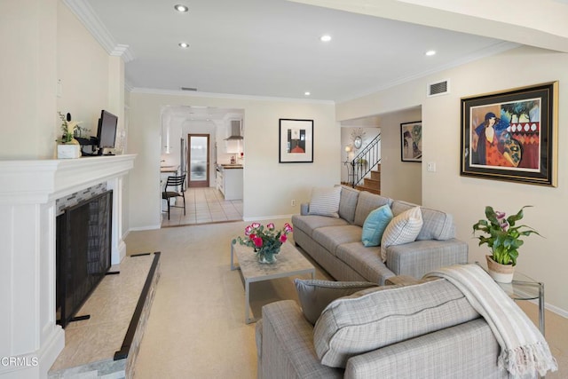 tiled living room featuring ornamental molding