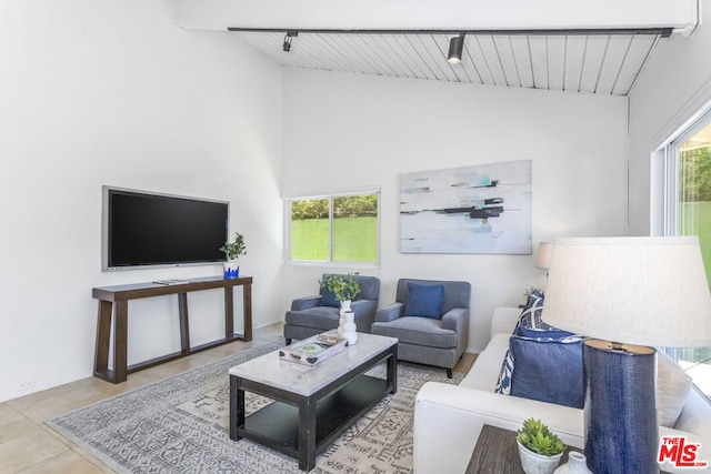 living room featuring light tile patterned flooring, track lighting, and lofted ceiling