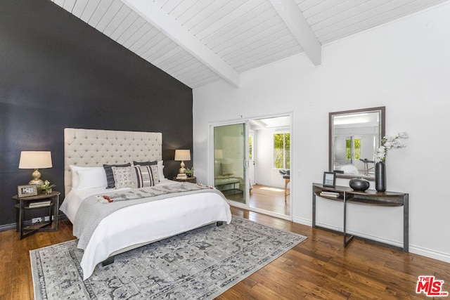 bedroom featuring beam ceiling, high vaulted ceiling, dark hardwood / wood-style floors, and wooden ceiling