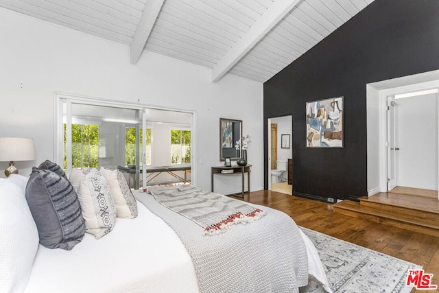 bedroom featuring beam ceiling, wood-type flooring, wood ceiling, and high vaulted ceiling