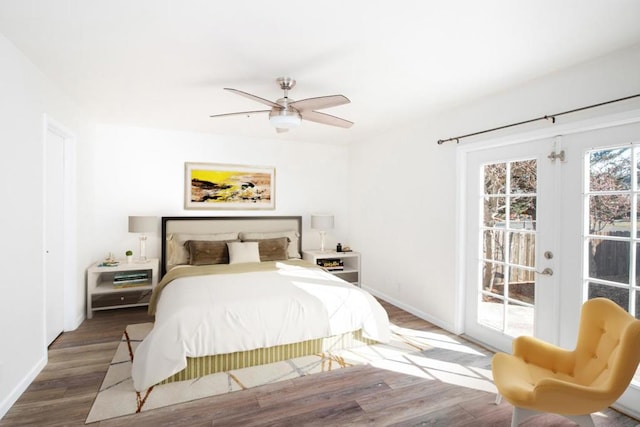 bedroom featuring access to exterior, hardwood / wood-style floors, french doors, and ceiling fan