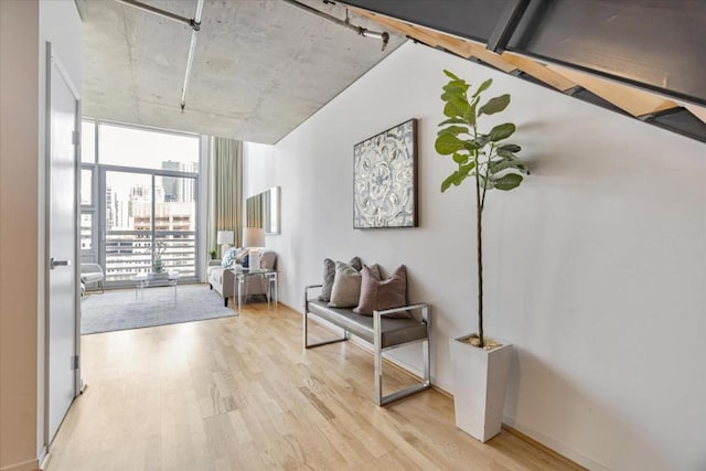 interior space with floor to ceiling windows and light wood-type flooring