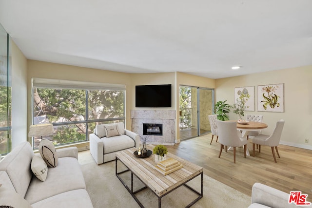 living room featuring plenty of natural light, a high end fireplace, and light hardwood / wood-style floors